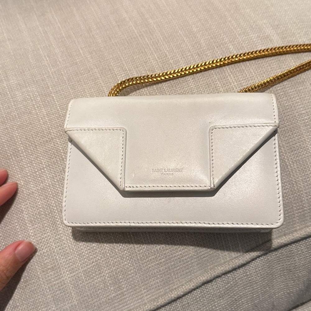 Saint Laurent White Leather Clutch with Gold Chain